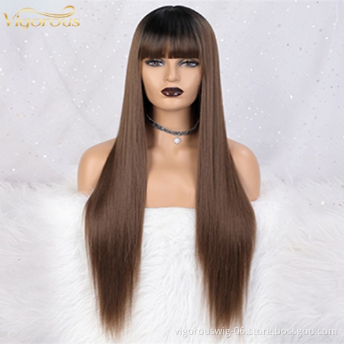 Vigorous Wholesale Price Long Silky Straight Wig With Bangs Ombre Brown Heat Resistant Fiber Synthetic Hair Frontal Lace Wigs